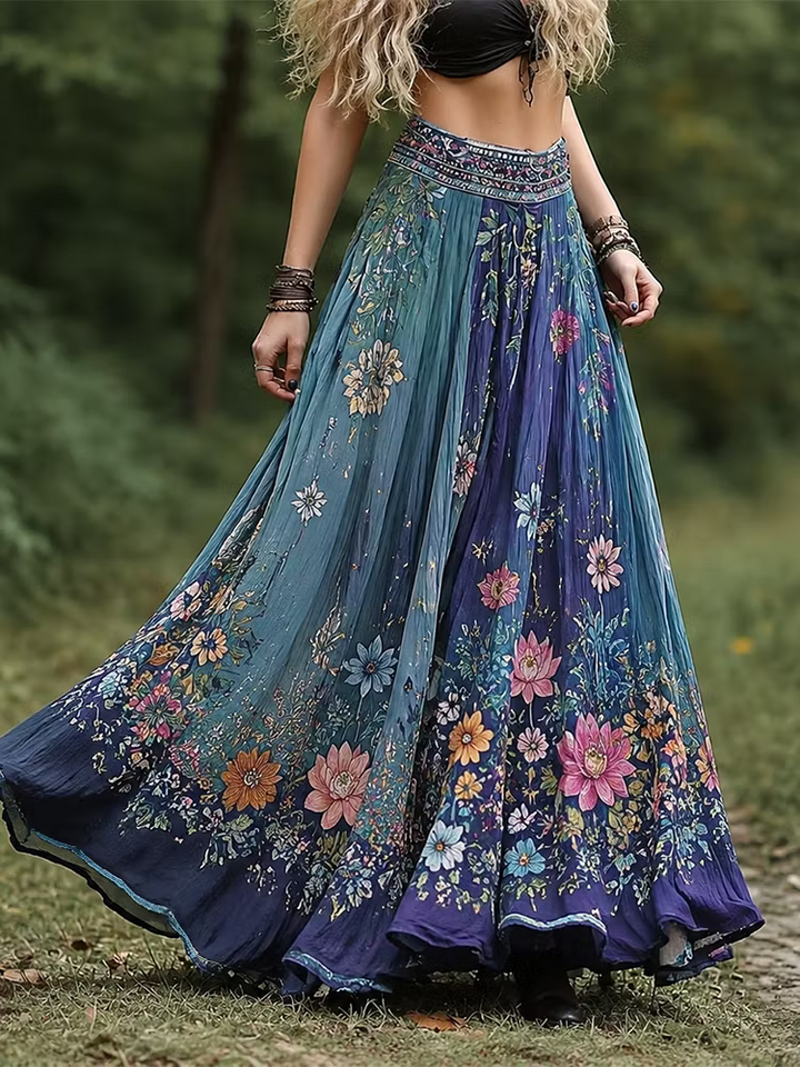 Falda Larga Boho Floral Degradado Azul Y Morado Plisada