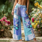 PANTALONES CASUALES CON PATCHWORK DE ROSAS FLORALES, CINTURA ELÁSTICA Y BOLSILLOS PARA MUJER