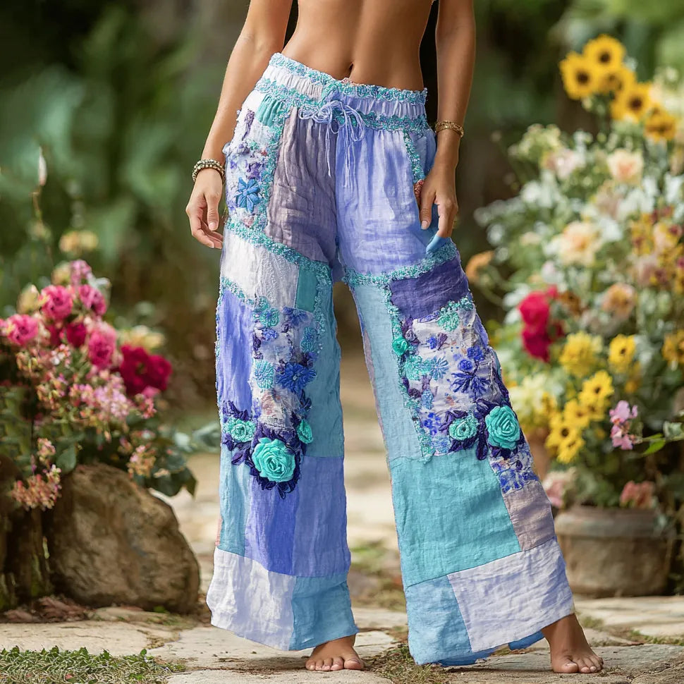 PANTALONES CASUALES CON PATCHWORK DE ROSAS FLORALES, CINTURA ELÁSTICA Y BOLSILLOS PARA MUJER