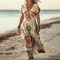 Vestido casual de algodón y lino con estampado floral étnico retro