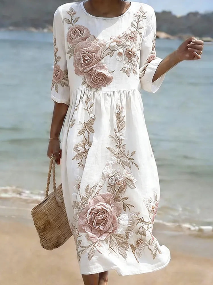 Vestido Holgado De Manga Tres Cuartos Con Estampado Floral En Mezcla De Lino Para Mujer