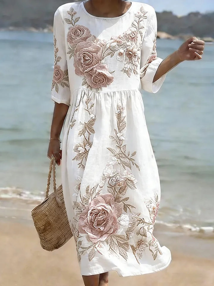 Vestido Holgado De Manga Tres Cuartos Con Estampado Floral En Mezcla De Lino Para Mujer