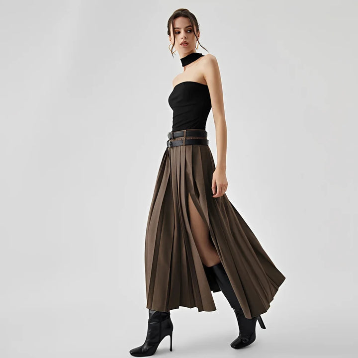 Odette - Pleated Maxi Skirt with Slit