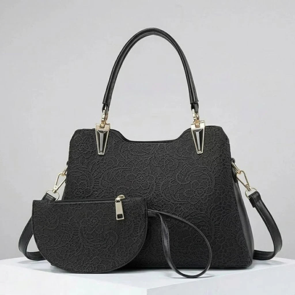 Elegant Textured Structured Handbag With Coordinated Purse