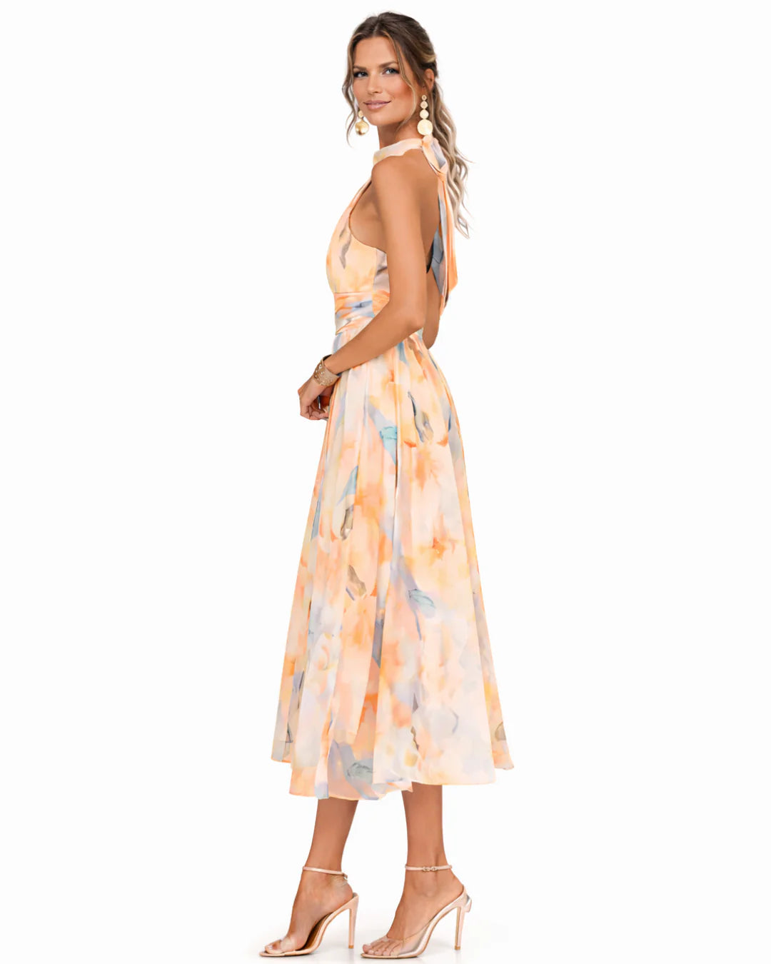 Aurora | Vestido con Cuello Halter y Estampado Acuarela
