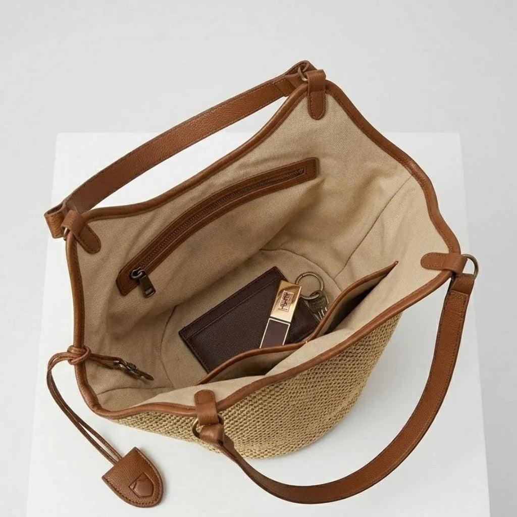 Open Weave Tote Bag with Long Handles and Natural Style