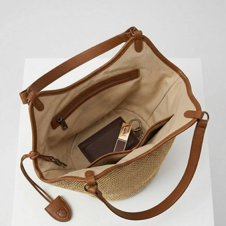 Open Weave Tote Bag with Long Handles and Natural Style