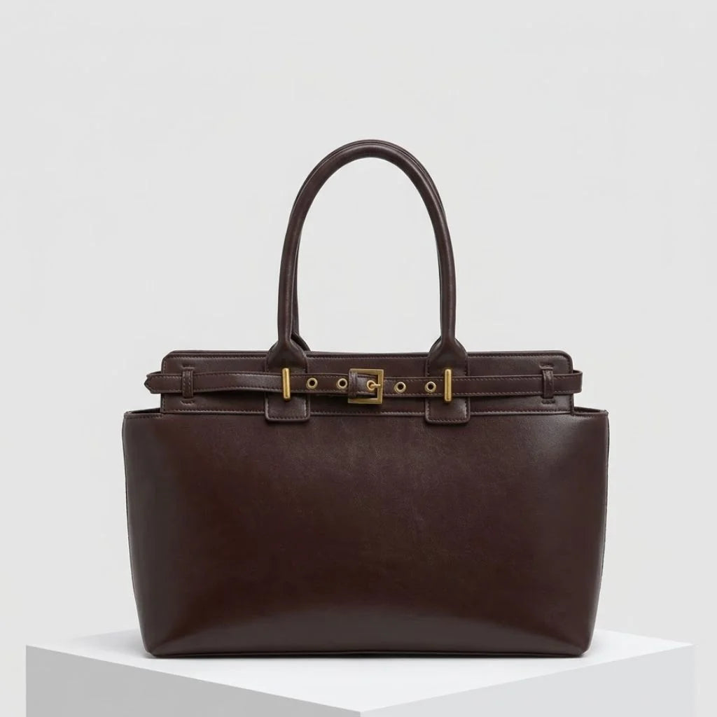 Structured Tote Bag with Rigid Handles and Front Metallic Clasp
