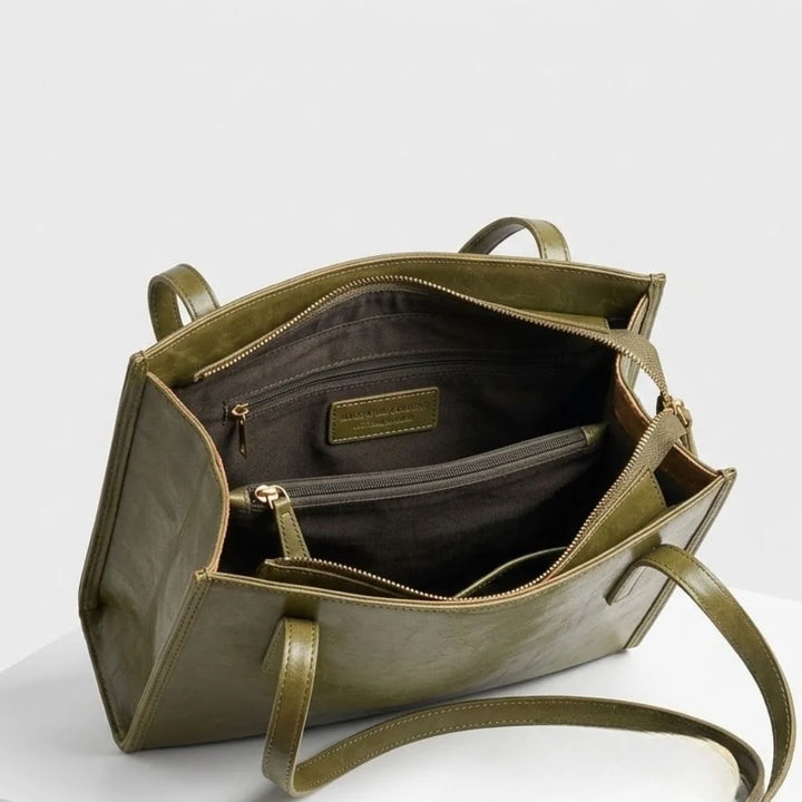 Bolso De Hombro Estructurado Con Líneas Rectas Y Doble Asa