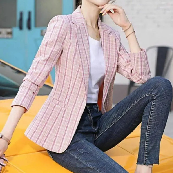 Women's Plaid Blazer with One Button – Elegant Office Jacket