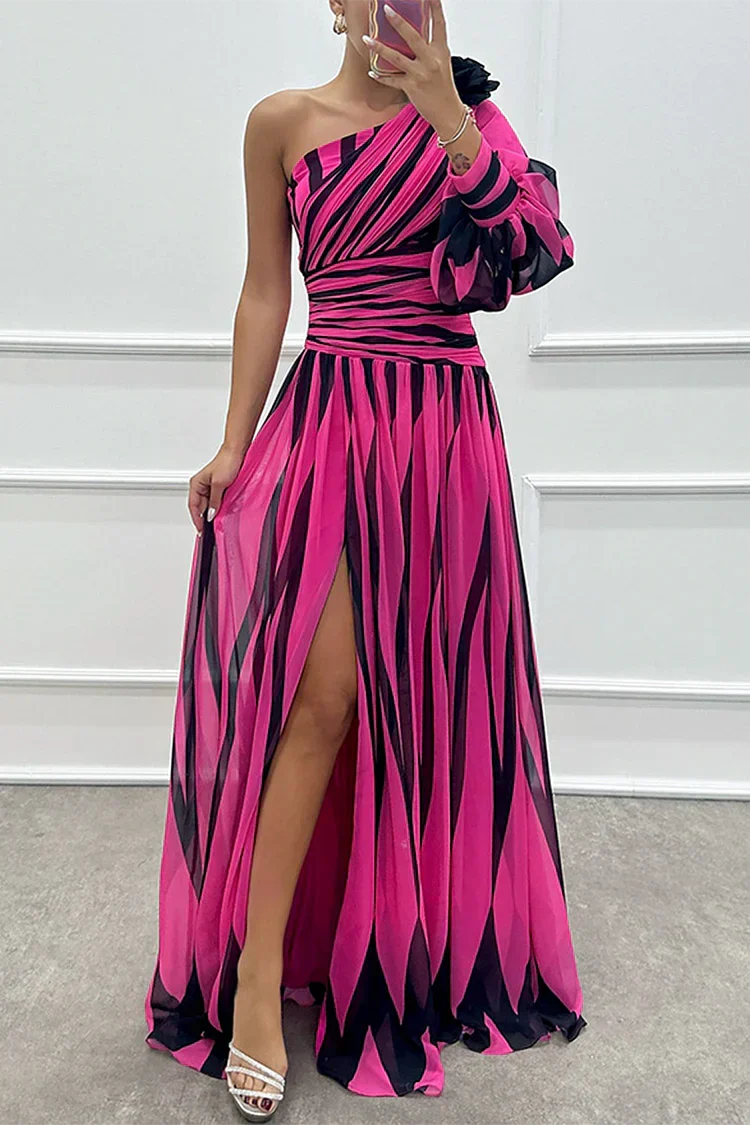 Chloe | Vestido Maxi Elegante de Um Ombro às Riscas