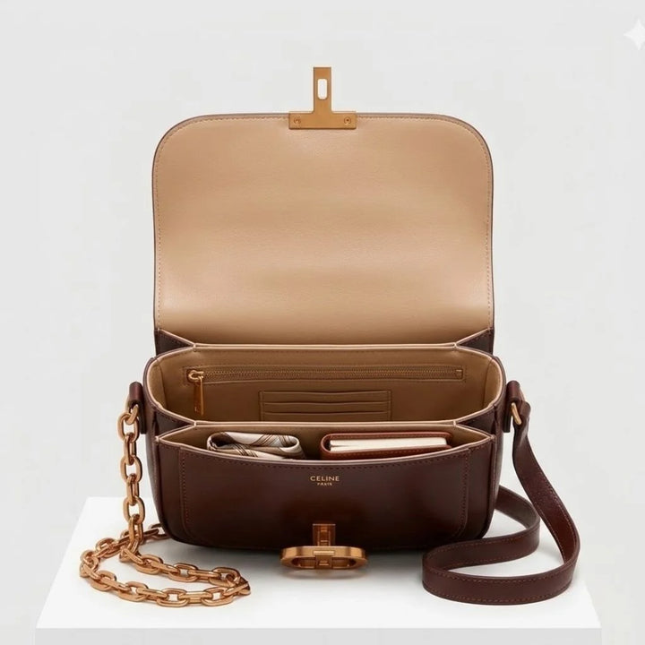 Compact Shoulder Bag with Structured Flap and Metal Clasp