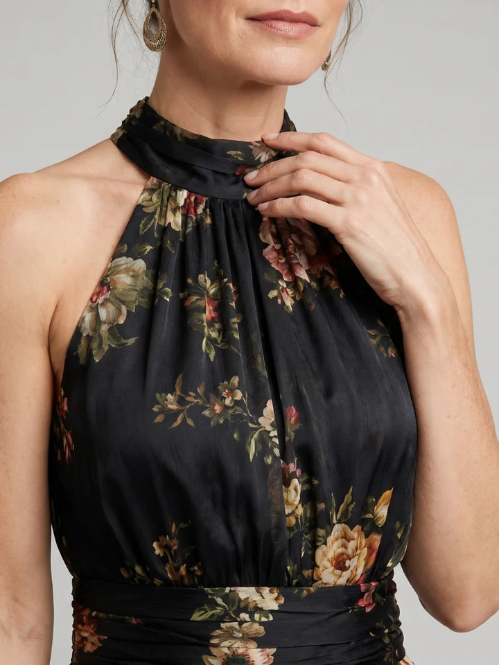 Silvia | Vestido Midi Floral Con Escote Halter Y Falda Fluida