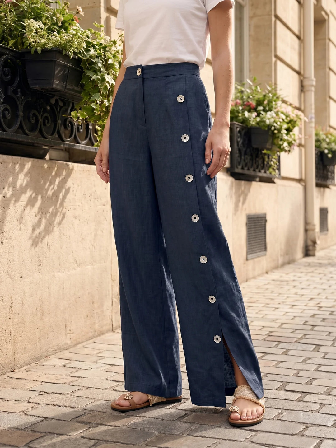 Katya | Pantalón De Lino Con Abertura Y Botones En El Bajo