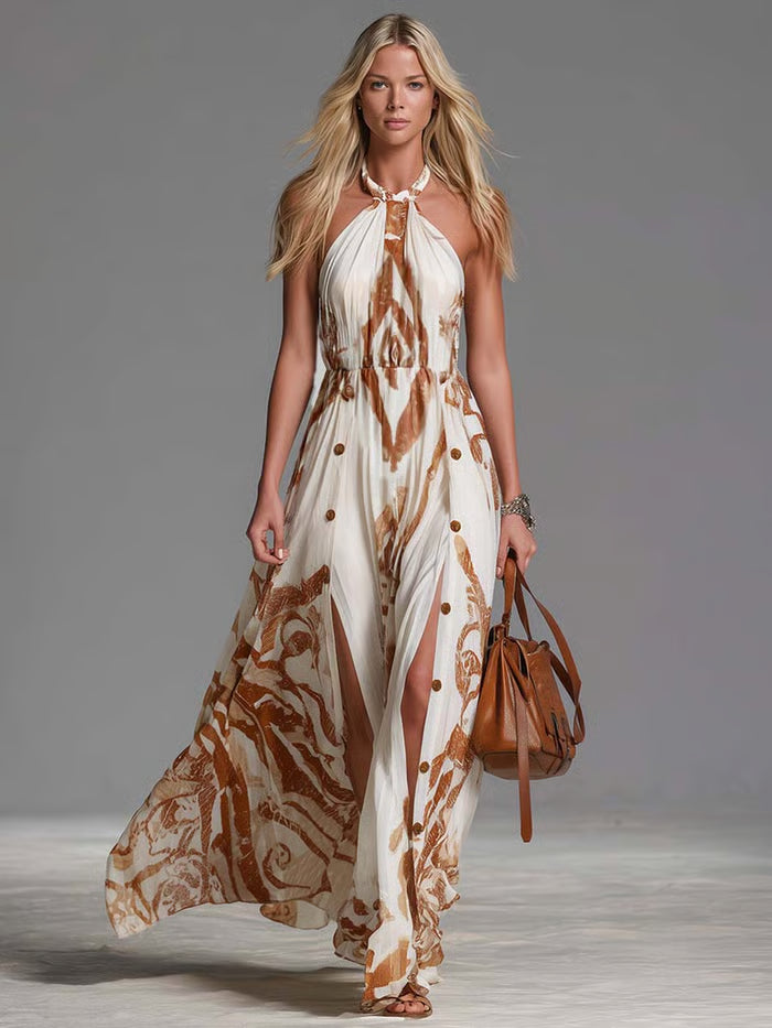 VESTIDO MAXI BOHEMIO VINTAGE CON CUELLO HALTER, ESTAMPADO WESTERN Y ABERTURA EN CHIFÓN BLANCO ROTO