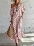 Vestido maxi plus size un hombro a rayas bolsillos suelto