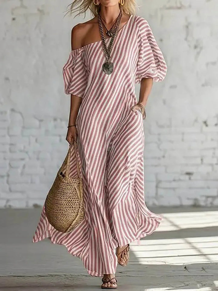 Vestido Maxi Plus Size às Riscas De Um Ombro Com Bolsos E Manga Balão