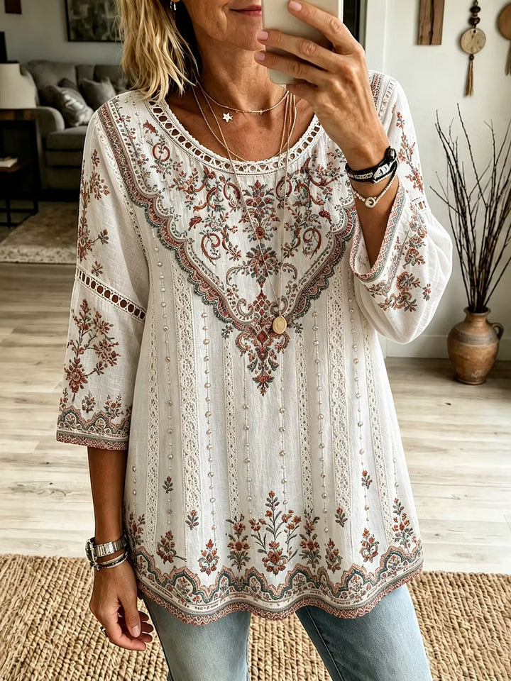 Camiseta Femenina Vintage Boho Con Estampado Floral Bordado Y Cuello Redondo En Lino Mixto