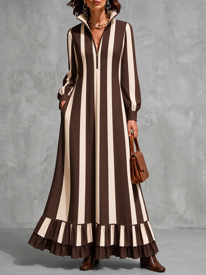 Vestido Maxi Con Cremállera, Bolsillos A Rayas Con Volantes, Manga Larga Suelta En Color Contrastante Y Cuello Alto