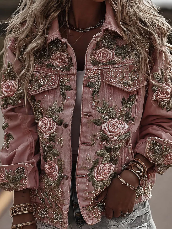 Chaqueta Vaquera Vintage Romántica Con Bordado De Rosas Rosas