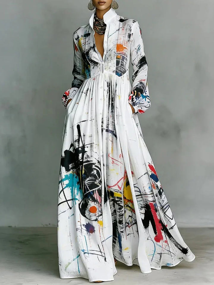 Vestido Maxi Camisero Estampado Con Bolsillos Y Cuello Mao