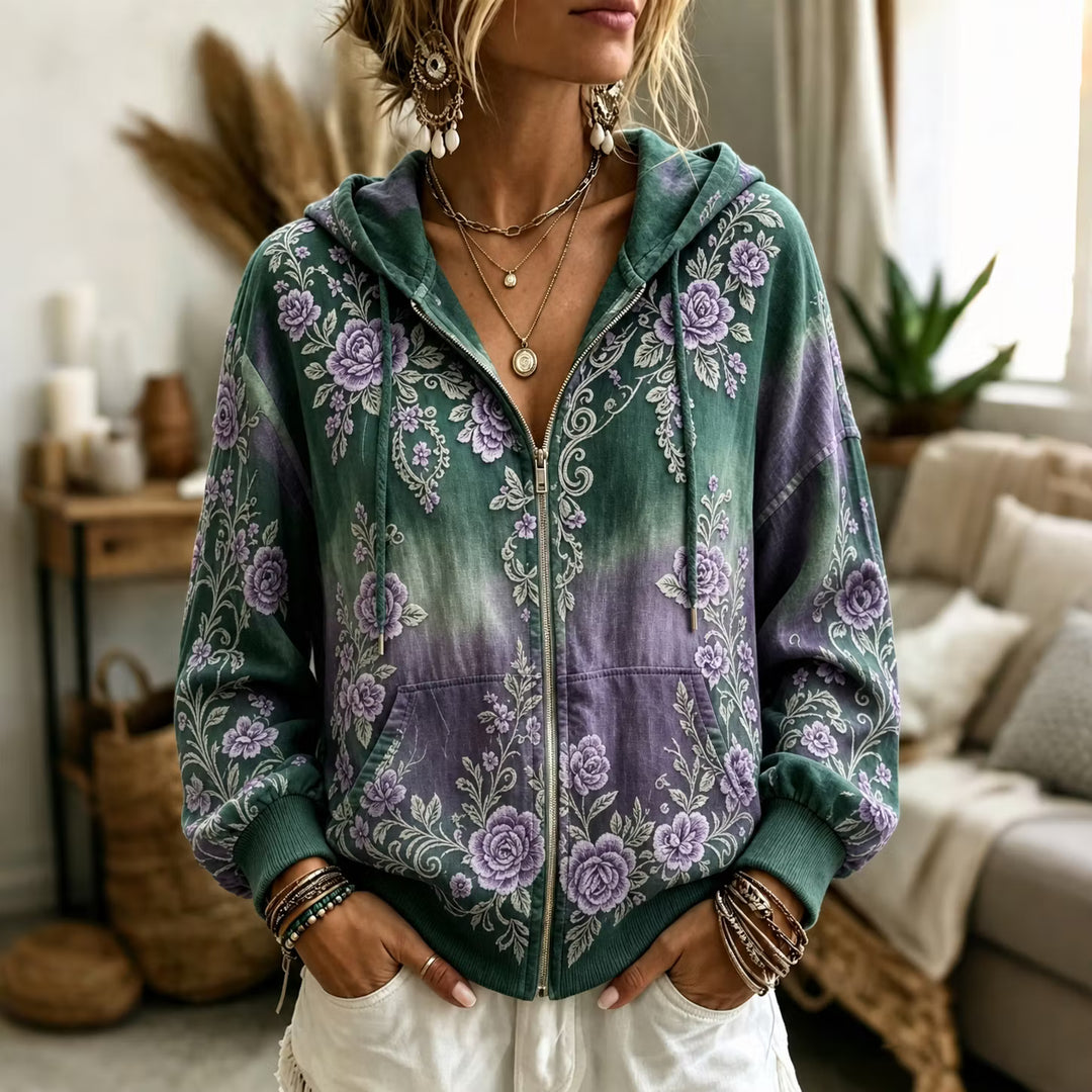 Sudadera Con Capucha Y Cremallera Vintage - Estampado Floral Degradado Manga Larga