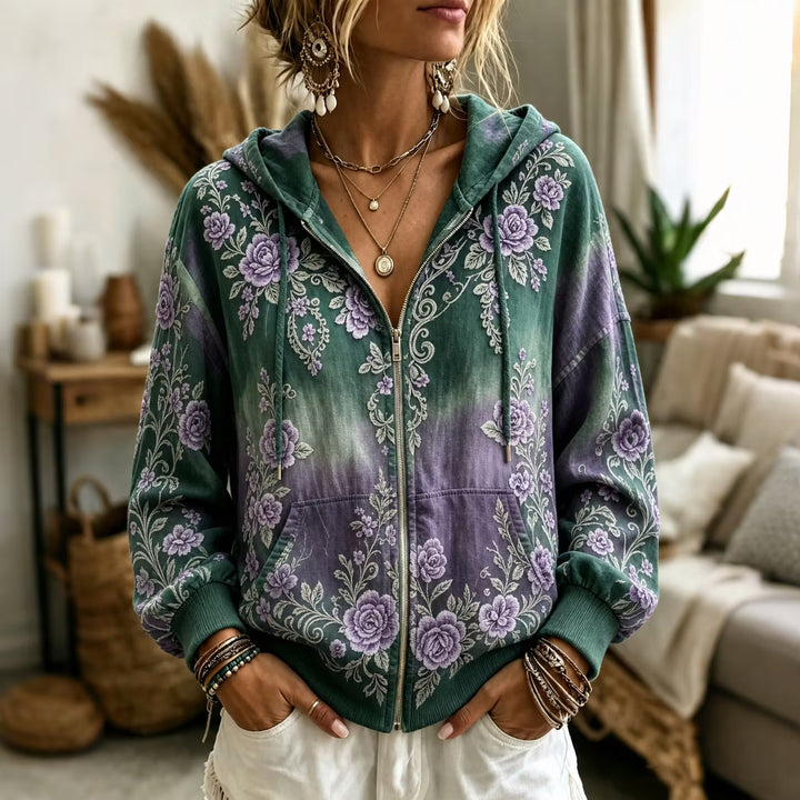 Sudadera Con Capucha Y Cremallera Vintage - Estampado Floral Degradado Manga Larga