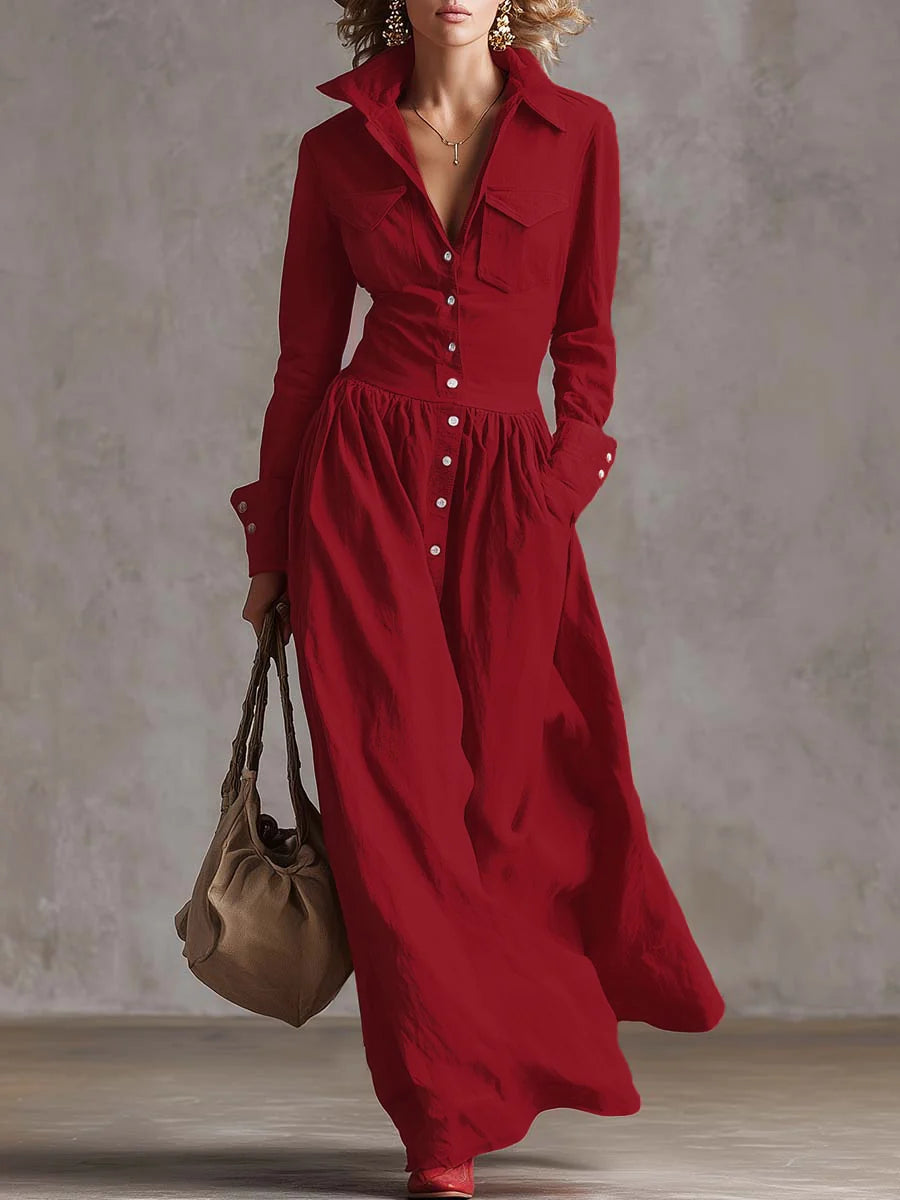 Vestido Maxi Camisero Plisado Con Solapa Dividida, Cintura Alta, Bolsillos Y Manga Larga En Color Sólido