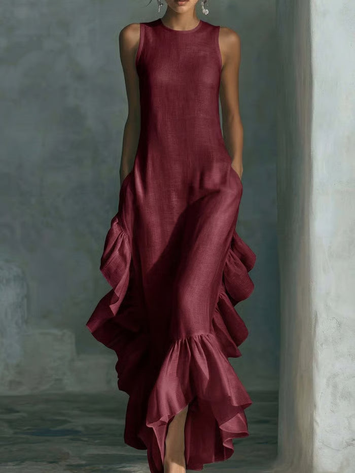 Vestido Maxi Sin Mangas Con Volantes Laterales En Cascada Y Bolsillos