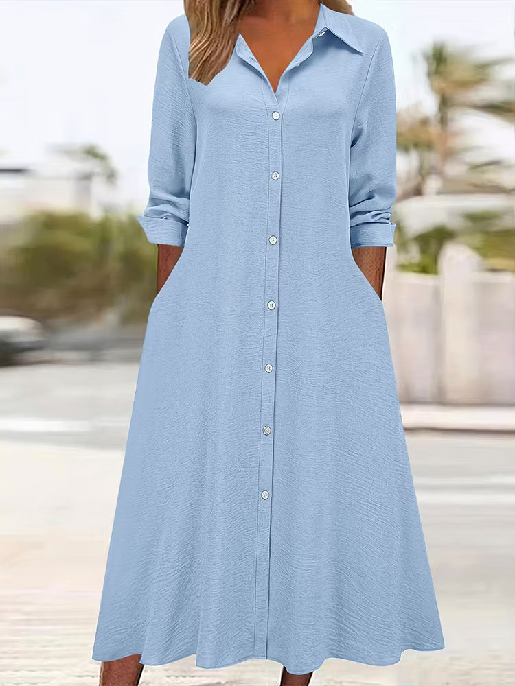 Vestido camisa femenino retro de color sólido con cuello, mangas largas y bolsillos