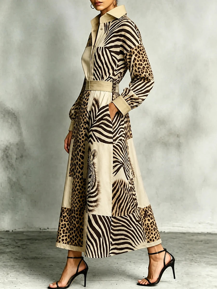 Vestido Maxi Estampado Cebra Y Leopardo Con Bolsillos Manga Larga Cintura Alta Y Solapa