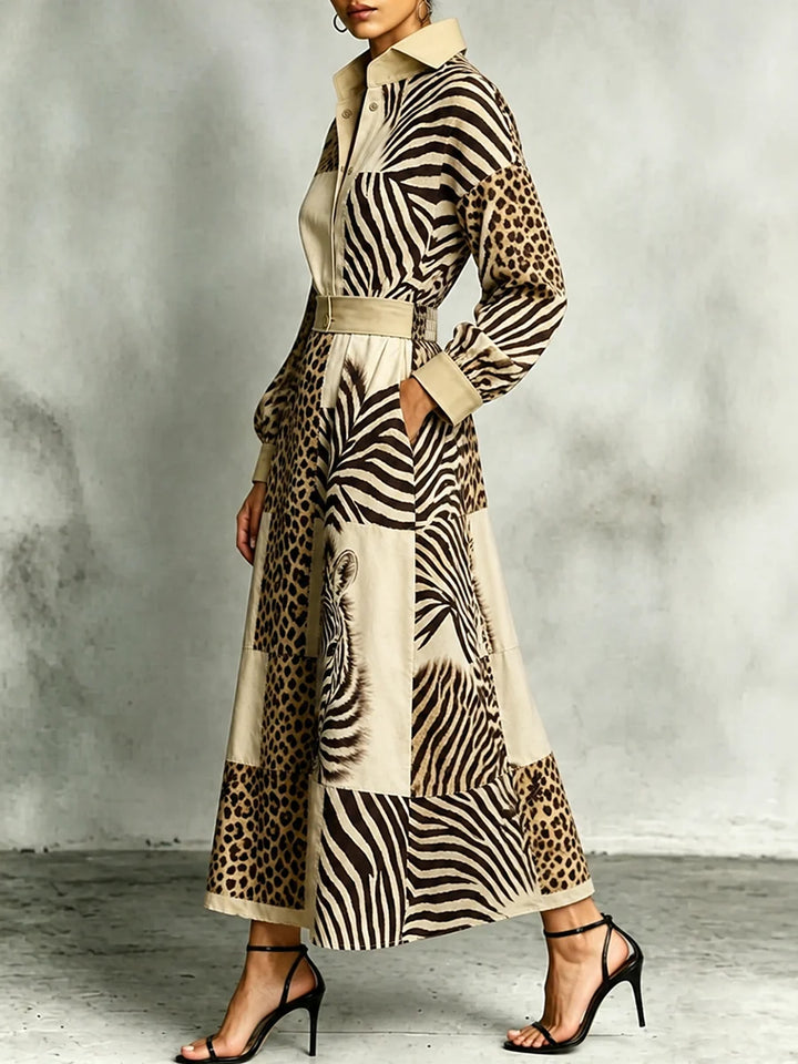 Vestido Maxi Estampado Cebra Y Leopardo Con Bolsillos Manga Larga Cintura Alta Y Solapa