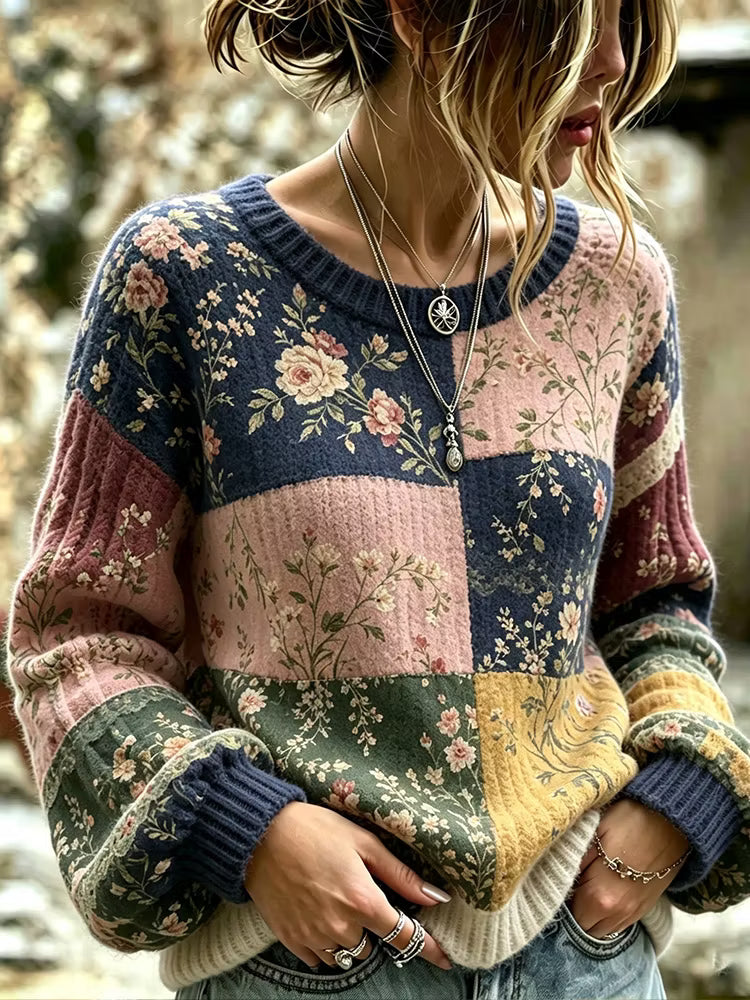 Jersey Casual De Punto Con Cuello Redondo - Estampado Floral Vintage Patchwork Rosa