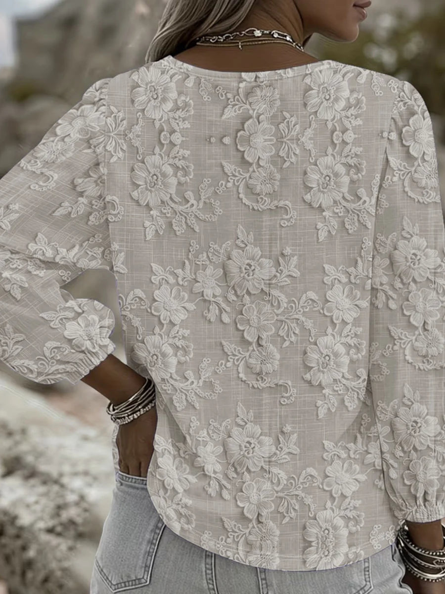 Solid Color Jacquard Long Sleeve V-Neck Blouse with Elastic