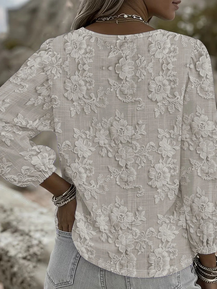 Solid Color Jacquard Long Sleeve V-Neck Blouse with Elastic