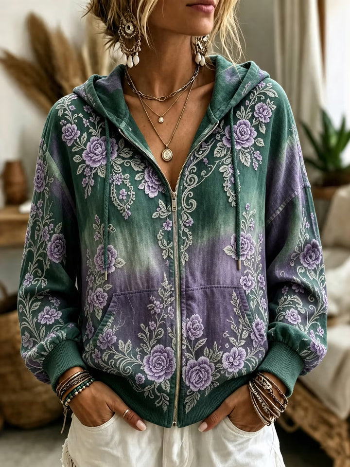 Sudadera Con Capucha Y Cremallera Vintage - Estampado Floral Degradado Manga Larga