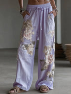 PANTALONES CASUALES DE LINO RETRO CON PATCHWORK FLORAL PARA MUJER