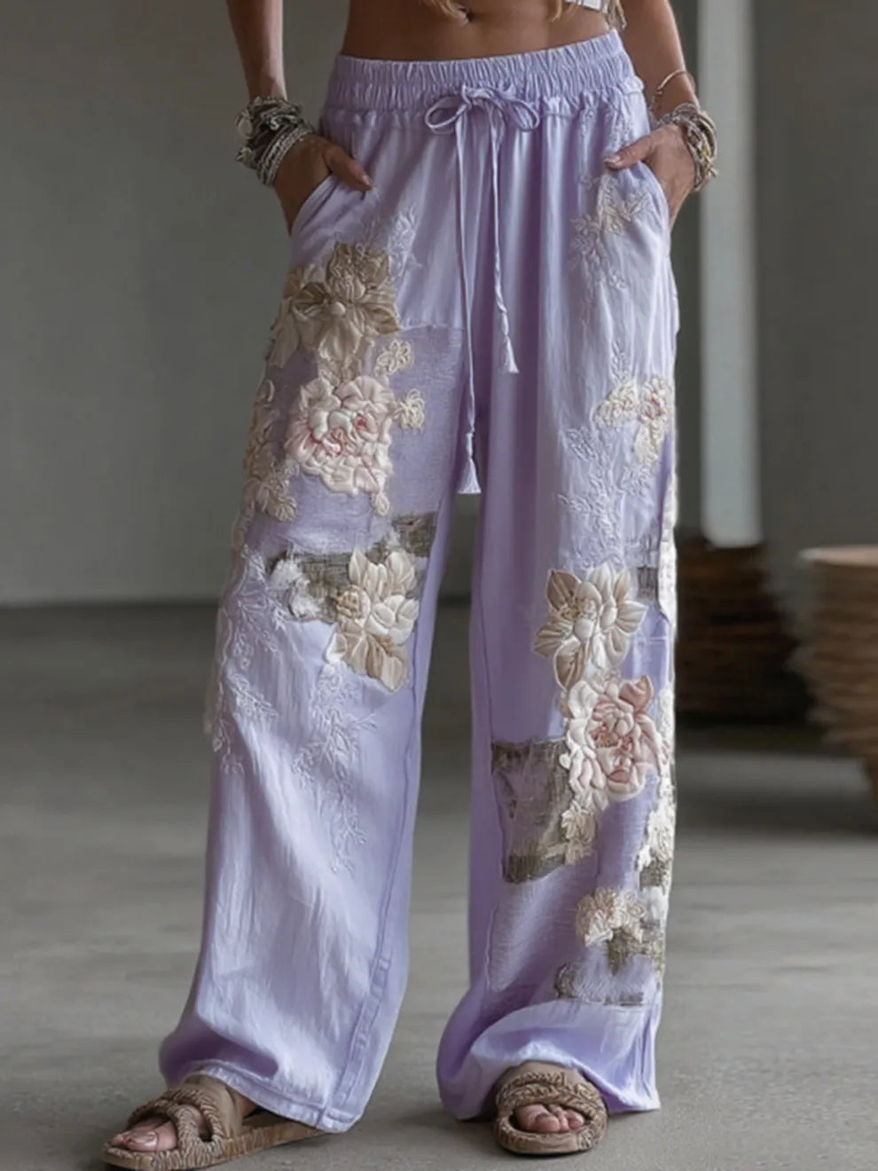 PANTALONES CASUALES DE LINO RETRO CON PATCHWORK FLORAL PARA MUJER