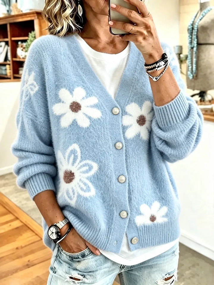 Cárdigan De Punto Esponjoso Jacquard De Margaritas Retro