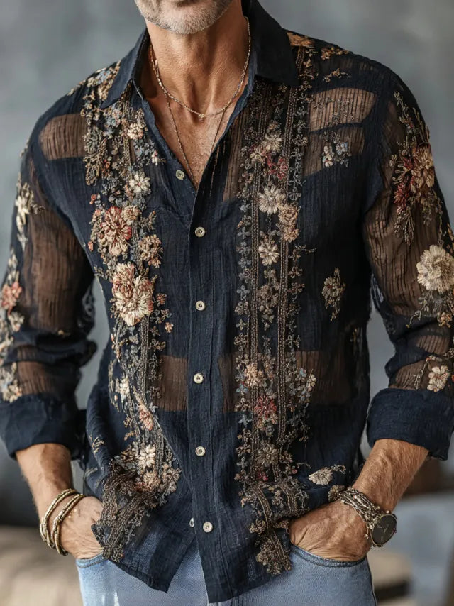 CAMISA CASUAL DE ALGODÓN y LINO DE MANGA LARGA CON BORDADO FLORAL RETRO