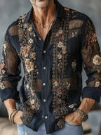 CAMISA CASUAL DE ALGODÓN y LINO DE MANGA LARGA CON BORDADO FLORAL RETRO