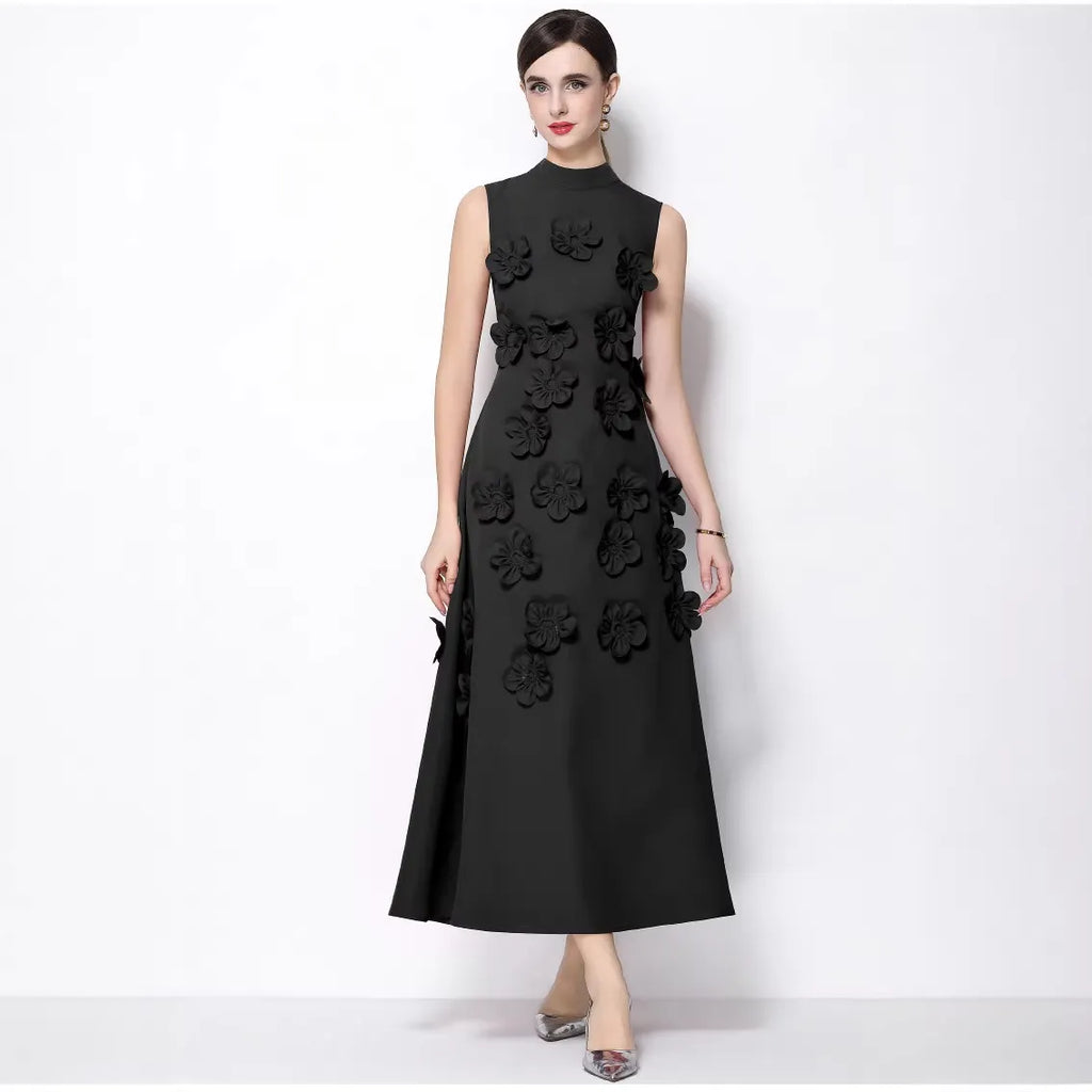 Vestido maxi gala sin mangas cuello alto flores 3d patchwork boda