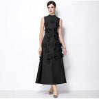 Vestido maxi gala sin mangas cuello alto flores 3d patchwork boda