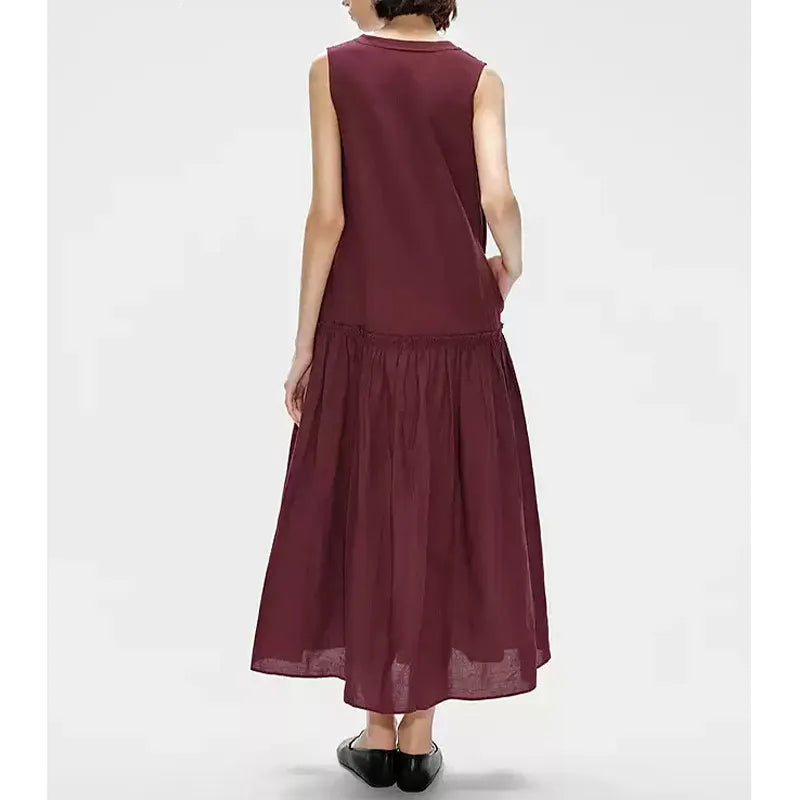 Vestido maxi lino sin mangas con escote llave y volantes k26051104