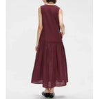 Vestido maxi lino sin mangas con escote llave y volantes k26051104