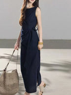 Vestido maxi lino sin mangas con nudo en la cintura k26051205