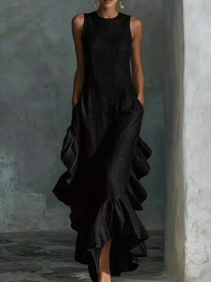 Vestido Maxi Sin Mangas Con Volantes Laterales En Cascada Y Bolsillos
