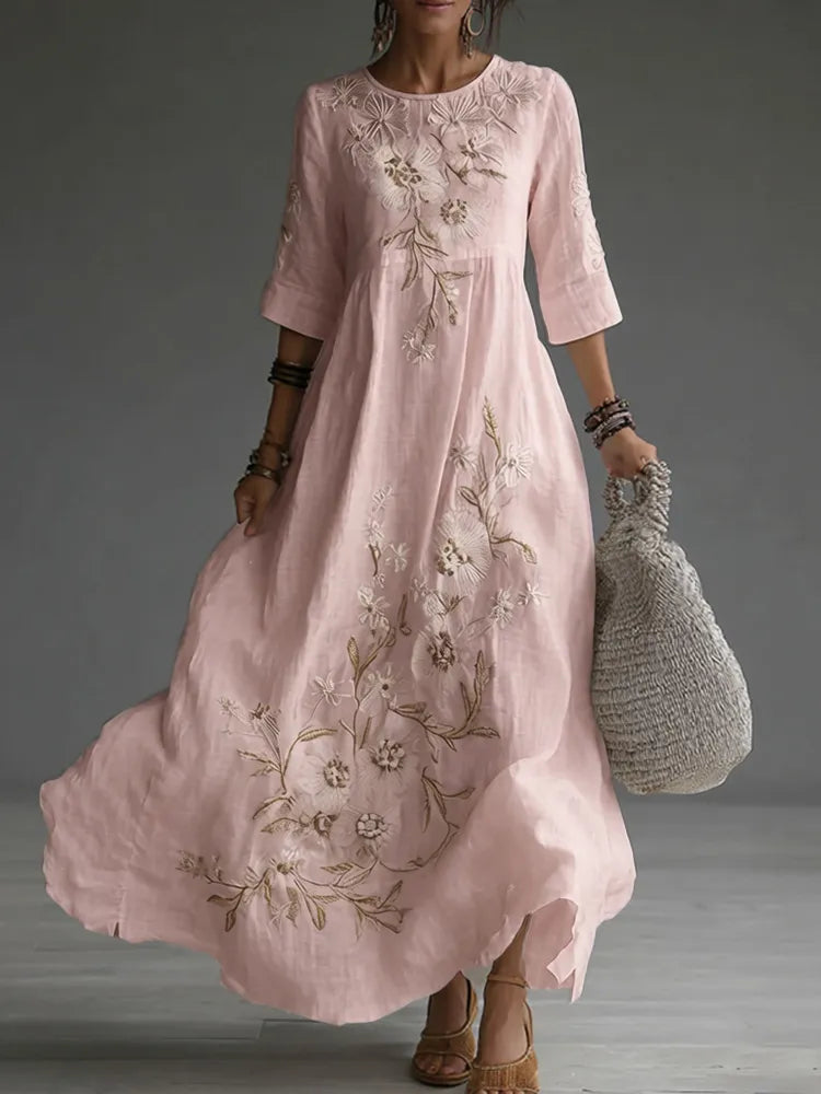 Vestido maxi de lino casual con bordado floral japonés
