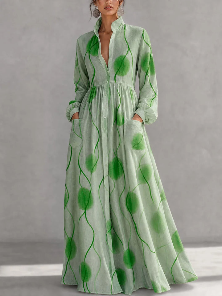 Vestido Maxi Largo Con Bolsillos, Botones En Color Contrastante Y Mangas Abullonadas