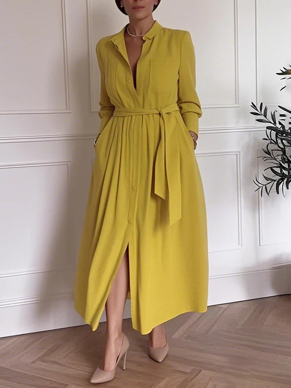 Vestido Maxi Camisero Línea A Con Bolsillos, Cintura Anudada Y Escote En V